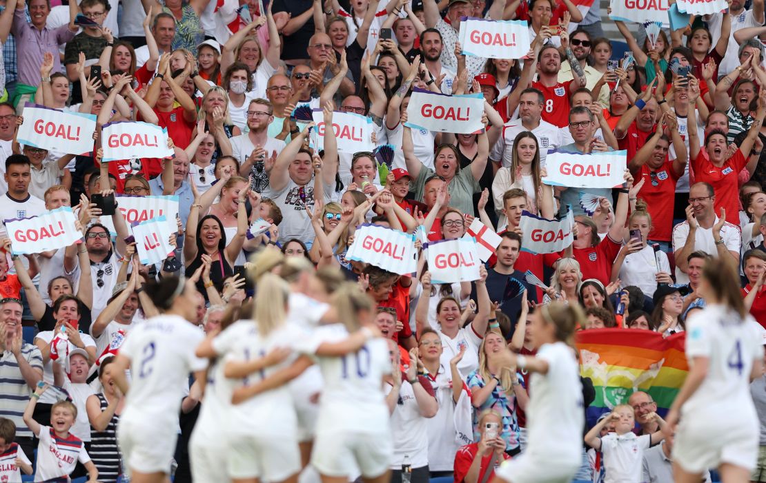 The crowd celebrating an England goal against Norway.