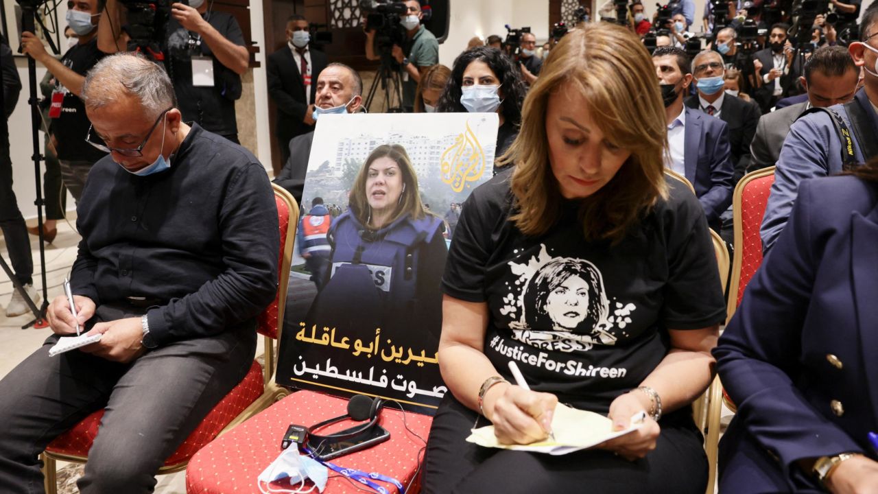 An image of slain Palestinian American journalist Shireen Abu Akleh is seen on a chair during a news conference in Bethlehem in the West Bank on July 15, 2022. 