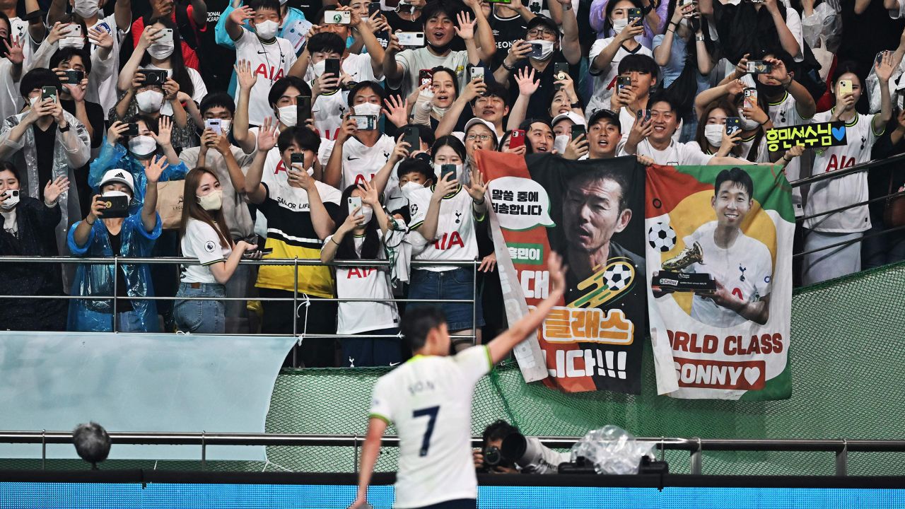 Son Heung-min waves to fans after a friendly between Tottenham Hotspur and Team K League at the Seoul World Cup Stadium on July 13.