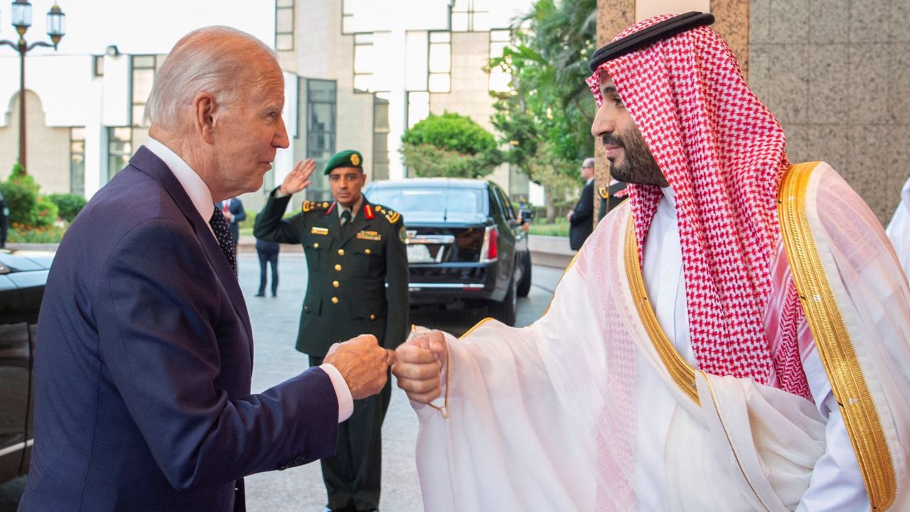 Saudi Crown Prince Mohammed bin Salman fist bumps US President Joe Biden upon his arrival at Al Salman Palace, in Jeddah in July.