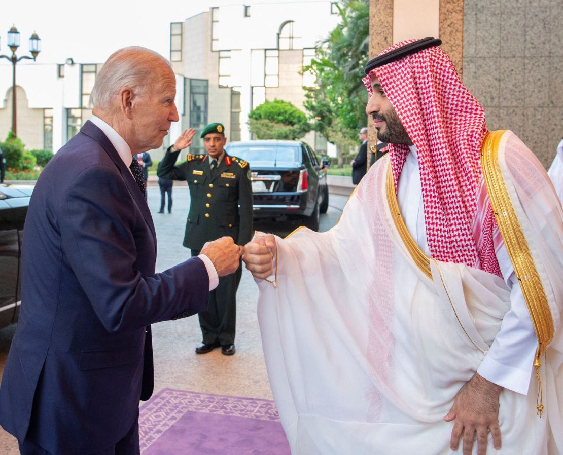 Saudi Crown Prince Mohammed bin Salman fist bumps US President Joe Biden upon his arrival at Al Salman Palace, in Jeddah in July.