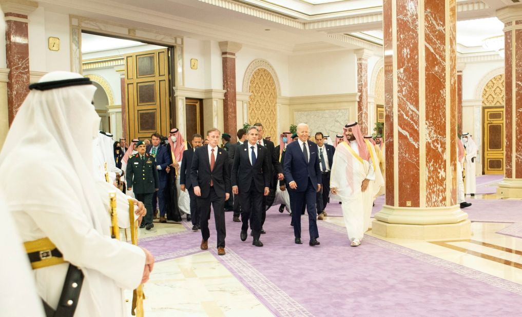 Biden is joined by US Secretary of State Antony Blinken as the Saudi Crown Prince receives them at the palace on Friday.