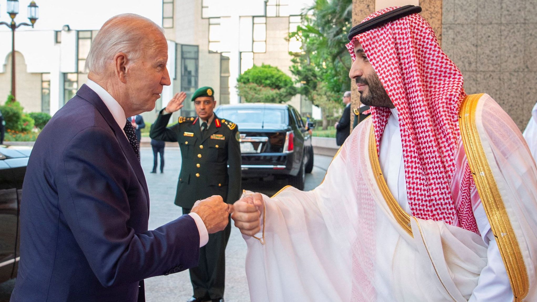 Biden and the Saudi Crown Prince exchange a fist bump Friday, July 15, as Biden arrives at the Al Salam Royal Palace in Jeddah, Saudi Arabia.