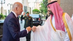 Saudi Crown Prince Mohammed bin Salman fist bumps U.S. President Joe Biden upon his arrival at Al Salman Palace, in Jeddah, Saudi Arabia on July 15.