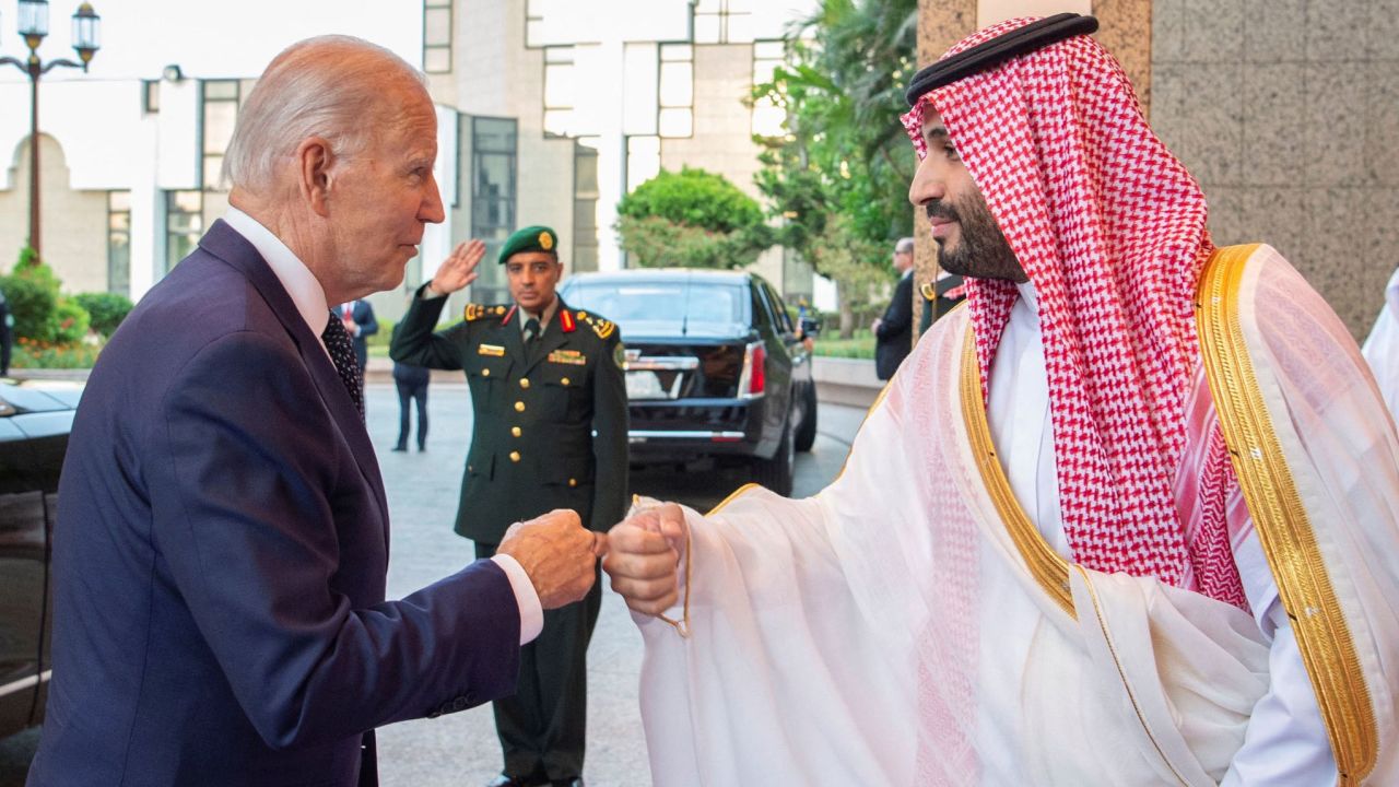 Saudi Crown Prince Mohammed bin Salman fist bumps U.S. President Joe Biden upon his arrival at Al Salman Palace, in Jeddah, Saudi Arabia, July 15, 2022. 