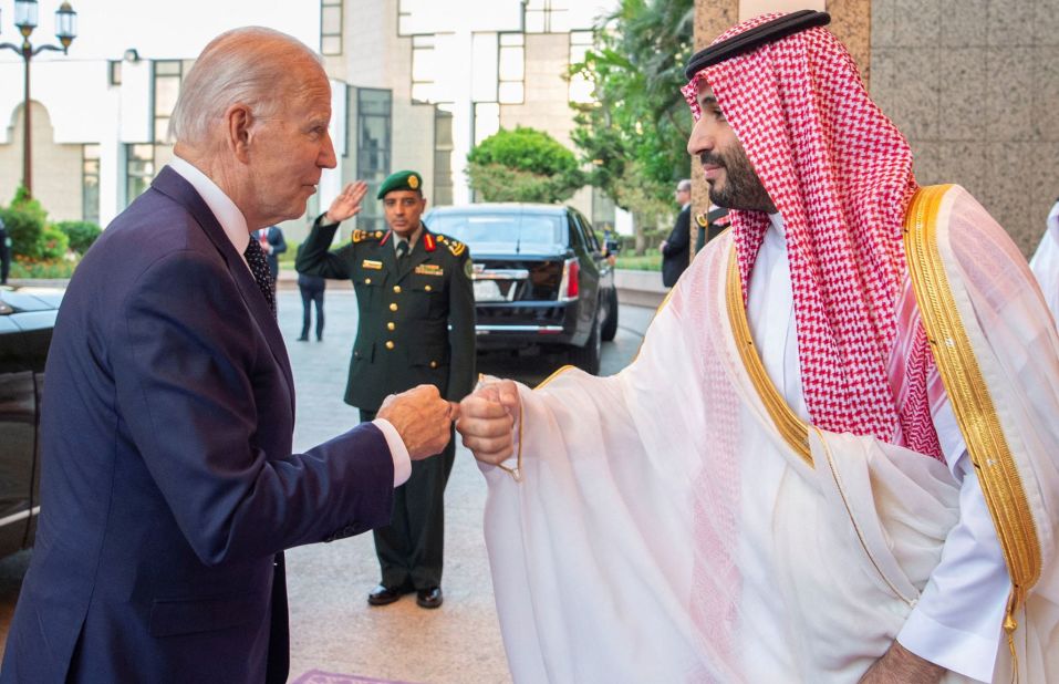 Biden and the Saudi Crown Prince exchange a fist bump Friday, July 15, as Biden arrives at the Al Salam Royal Palace in Jeddah, Saudi Arabia.