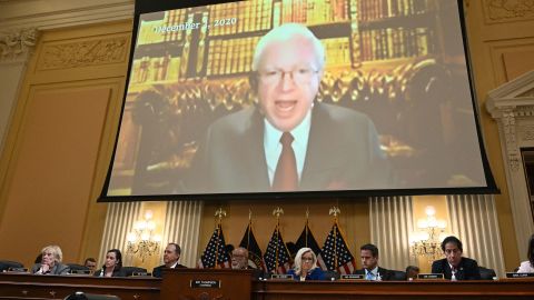Former lawyer of former President Donald Trump, John Eastman, appears on screen during the fourth hearing by the House Select Committee to Investigate the January 6th Attack on the US Capitol in the Cannon House Office Building on June 21, 2022 in Washington, DC. 
