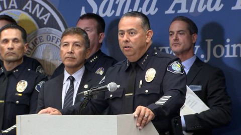Santa Ana Police Chief David Valentin speaking at a news conference on Friday. 