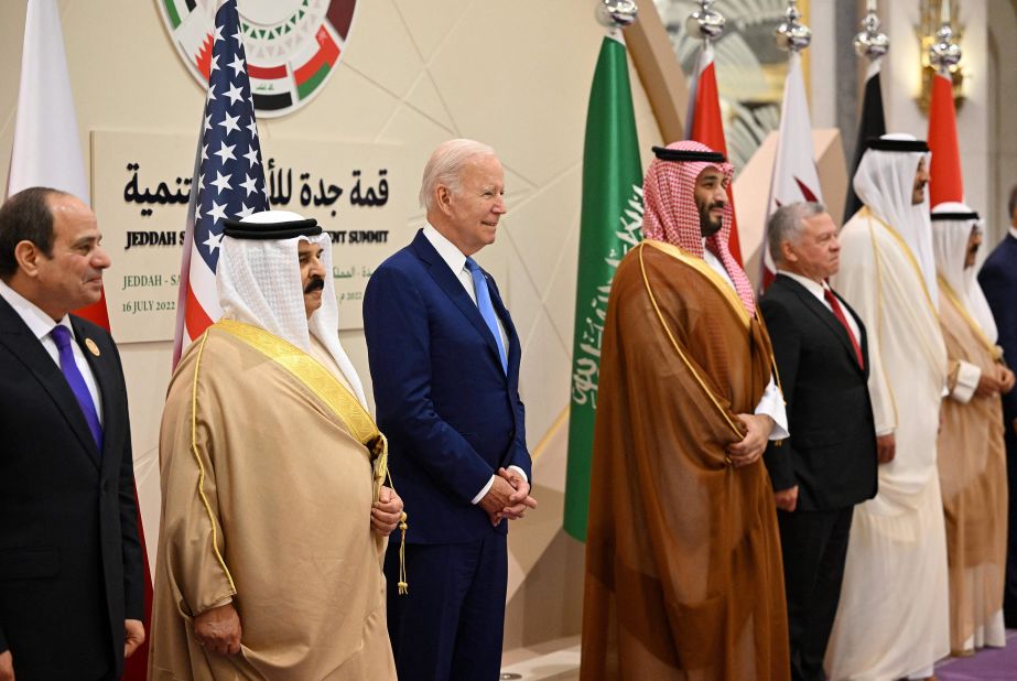 US President Joe Biden poses alongside Egyptian President Abdel Fattah el-Sisi, Bahraini King Hamad bin Isa bin Salman al Khalifa, Saudi Crown Prince Mohammed bin Salman and Jordanian King Abdullah II for a family photo in Jeddah, Saudi Arabia, on Saturday, July 16. 