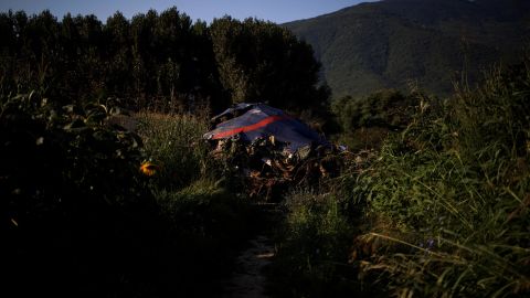 Debris is seen at the crash site of an Antonov cargo plane owned by a Ukrainian company, near Kavala, Greece.