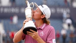Cameron Smith of Australia celebrates with The Claret Jug during Day Four of The 150th Open at St Andrews Old Course on July 17, 2022 in St Andrews, Scotland.