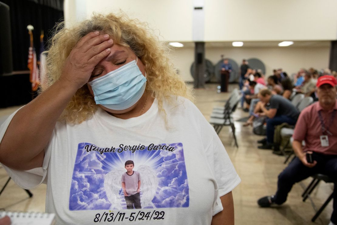 Mary Grace Valencia, of San Angelo, the aunt of victim Uziyah Sergio Garcia, talks about her nephew after the viewing of the video from inside Robb Elementary School.