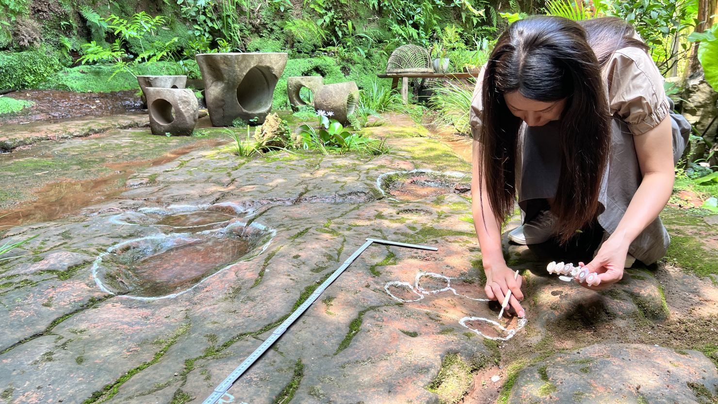 Experts investigate dinosaur footprints in a restaurant courtyard in Leshan, Sichuan province, China. The results were publicly announced on July 16