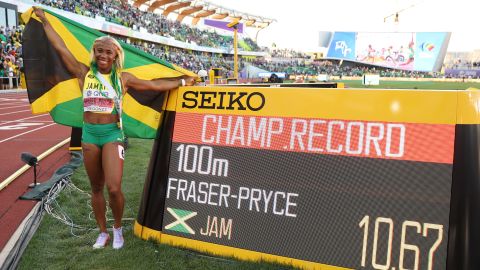 Shelly-Ann Fraser-Pryce wins the 100m title at the World Championships in Eugene, Oregon. 