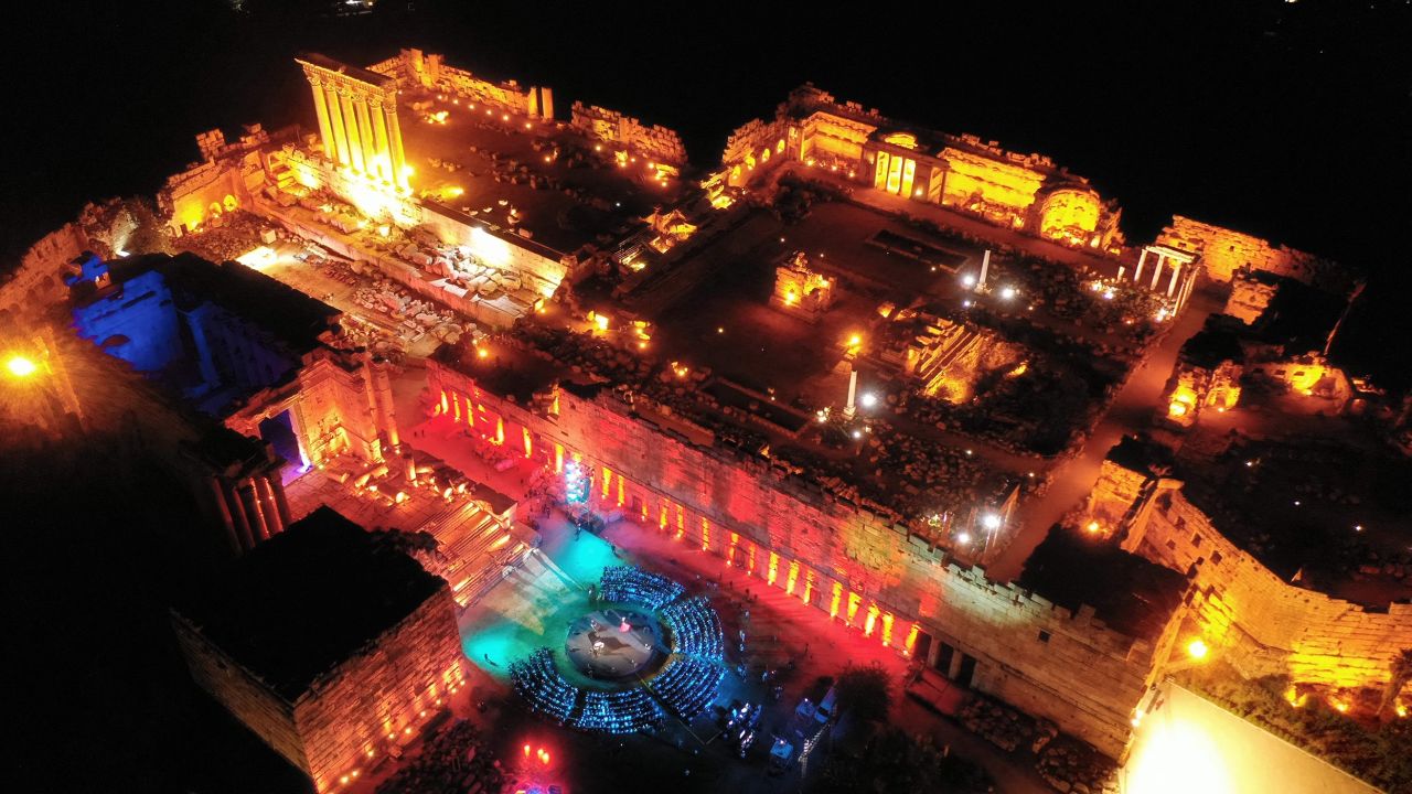 An aerial view of the last day of the Baalbek International Festival, one of the oldest cultural events in the Middle East. Hosted by the eponymous ancient city in northeast Lebanon since its inception in 1956, the festival celebrates local, regional and international arts and culture. The backdrop is unique ---- a set of Roman temples dating back almost 2,000 years and protected as a UNESCO heritage site. French pianist Simon Ghraichy and French-Iranian dancer Rana Gorgani closed out this year's festival on Sunday evening with a dance performance and piano recital.  