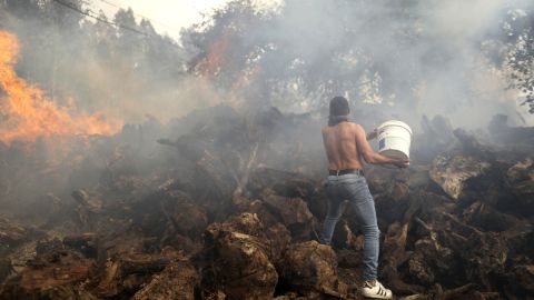 A local resident tries to stop flames from reaching houses in Figueiras, Portugal, on July 12.