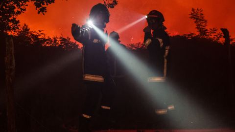 Firefighters attempt to control a fire in the French communes of Landiras and Guillos on July 13.