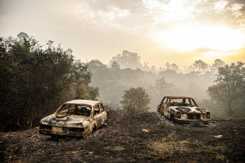 Burnt-out cars are seen in central Portugal on July 14.