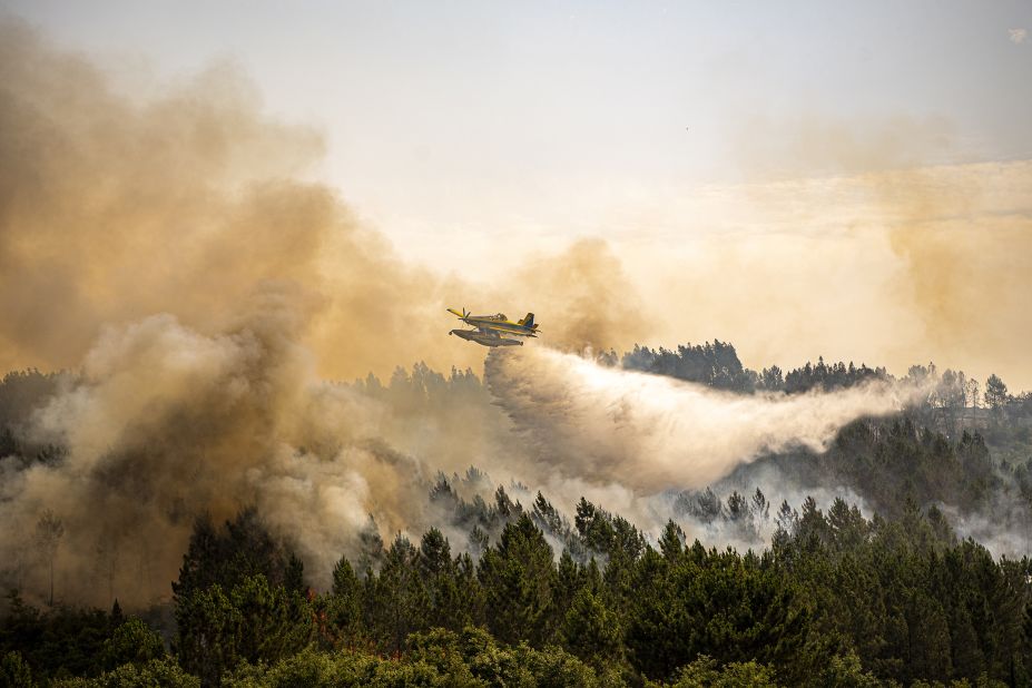 An airplane takes part in firefighting operations in Portugal on July 14.