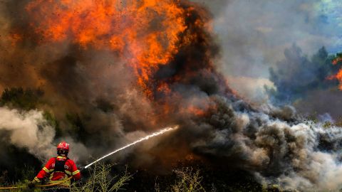 A firefighter tackles the flames surrounding Portugal's Ancede village on July 15.