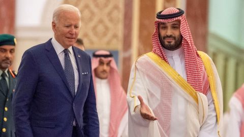 Saudi Crown Prince Mohammed bin Salman receives US President Joe Biden at Al Salman Palace upon his arrival in Jeddah, Saudi Arabia on July 15. 