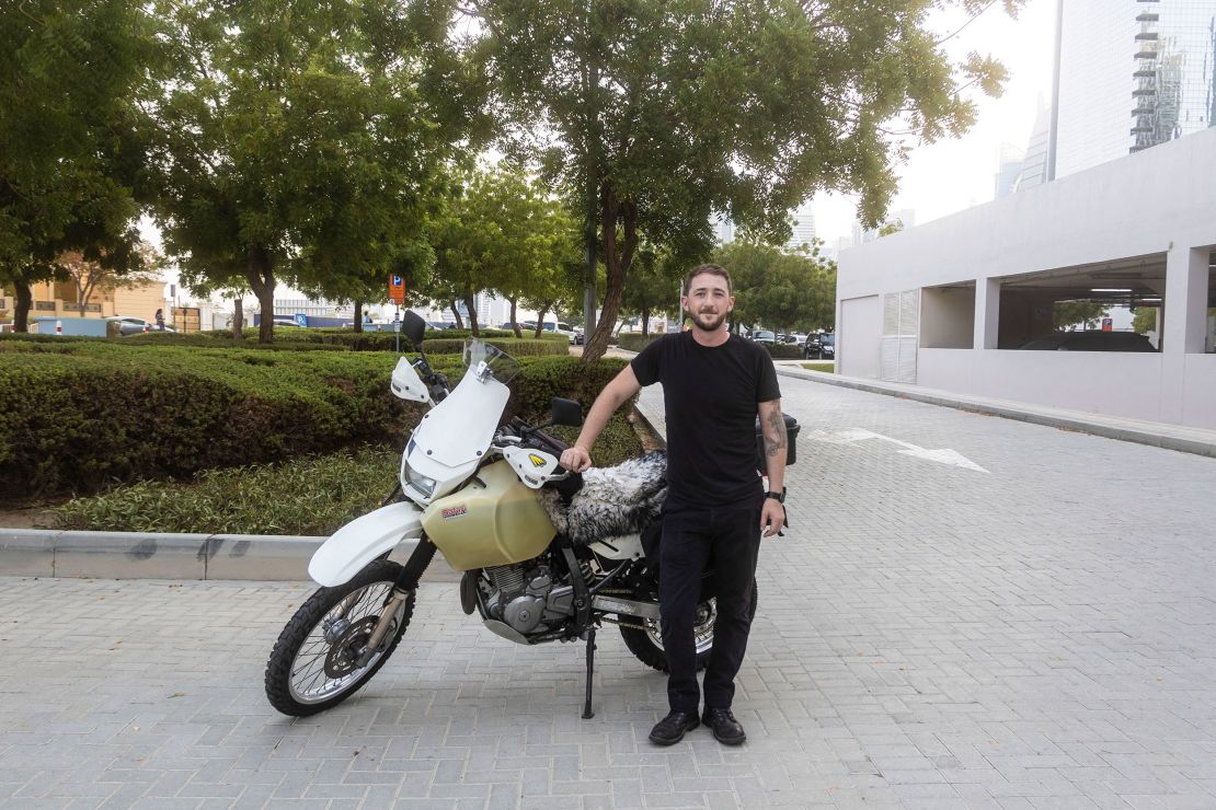 33-year-old Irishman Evan Bourke with his trusty Suzuki DR650 motorbike.