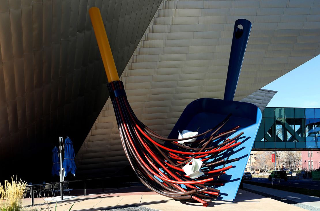 Oldenburg and van Bruggen's "Big Sweep" sculpture outside the Denver Art Museum.