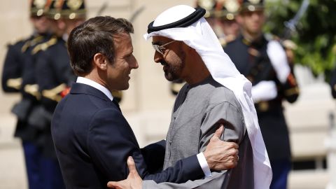 France's President Emmanuel Macron welcomes United Arab Emirates President Sheikh Mohamed bin Zayed Al-Nahyan for a working lunch at the Elysee presidential Palace on July 18.