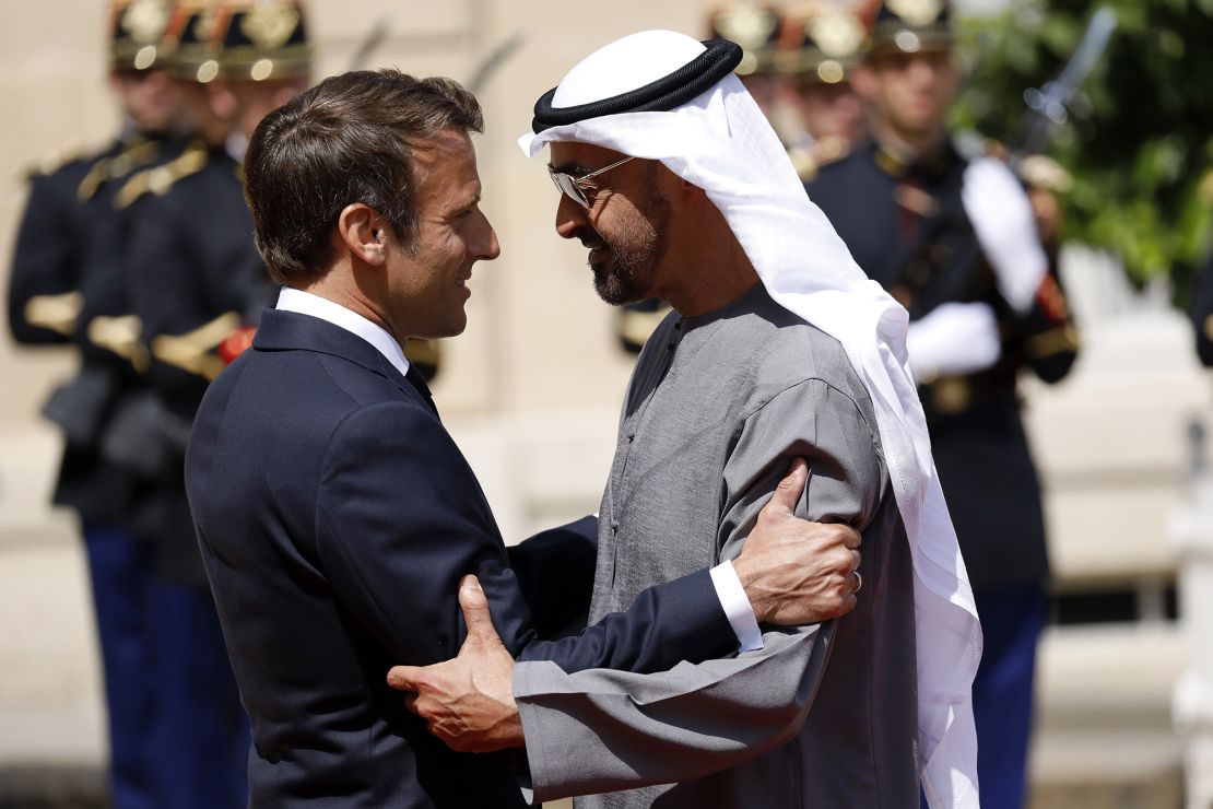 France's President Emmanuel Macron welcomes United Arab Emirates President Sheikh Mohamed bin Zayed Al-Nahyan for a working lunch at the Elysee presidential Palace on July 18.