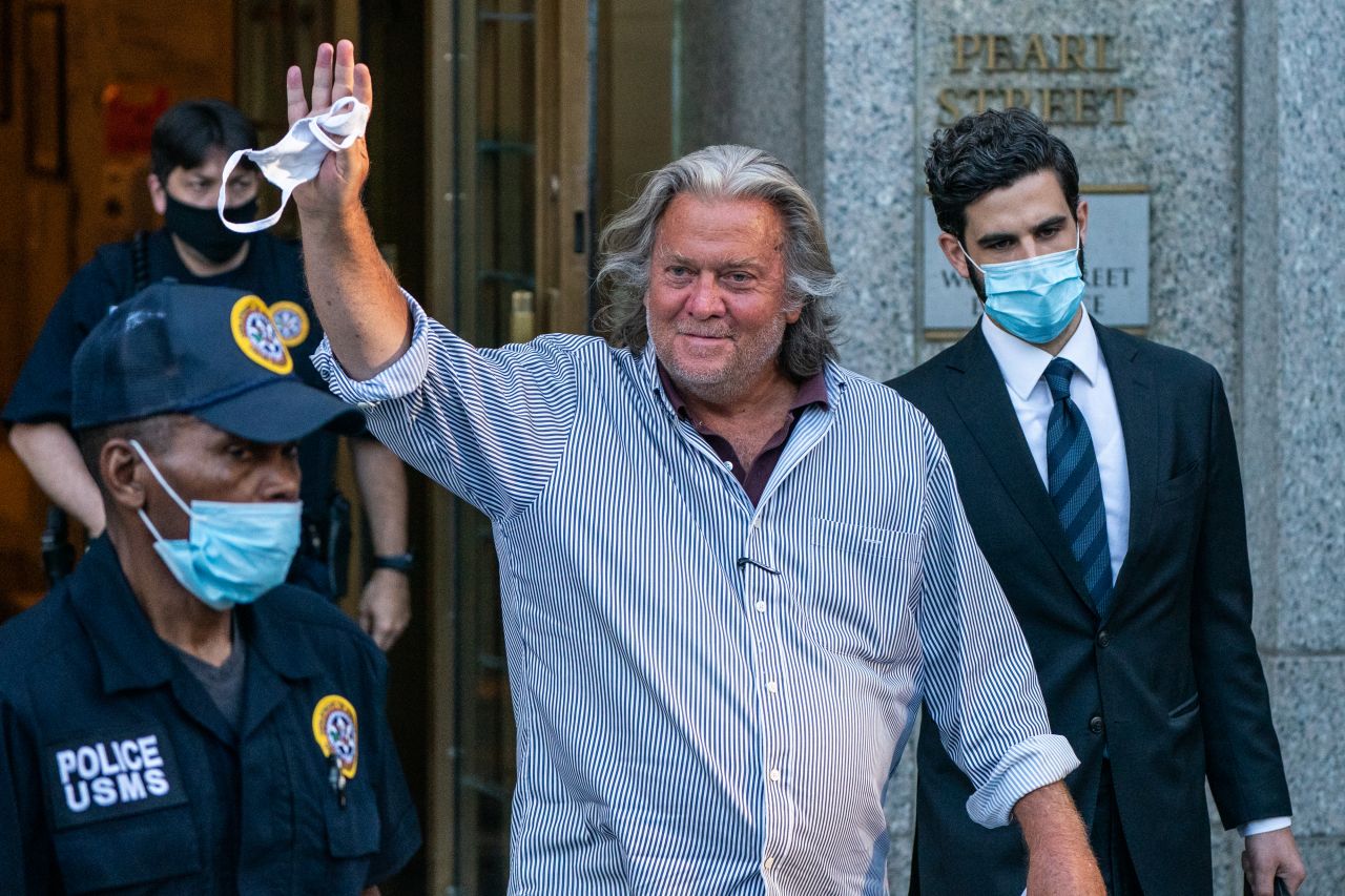 Bannon leaves a federal court in New York in August 2020. New York federal prosecutors charged him and three others with defrauding donors of hundreds of thousands of dollars as part of a fundraising campaign purportedly aimed at supporting Trump's border wall. <a href="https://www.cnn.com/2021/01/19/politics/steve-bannon-pardoned-by-trump/index.html" target="_blank">Trump granted Bannon a full pardon</a> just hours before leaving office in 2021.