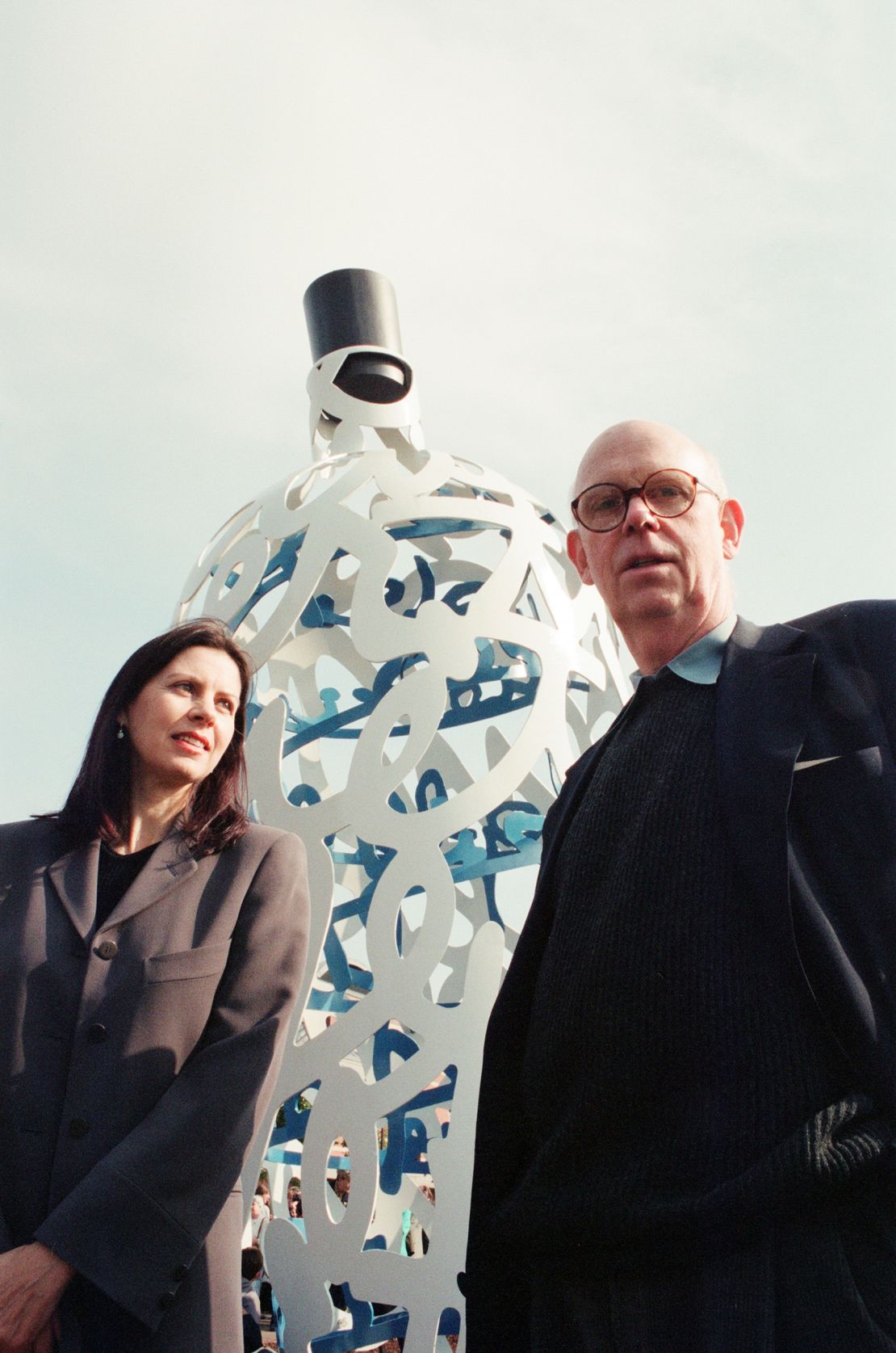 Oldenburg and van Bruggen at the launch of their public sculpture "Bottle of Notes" in 1993.
