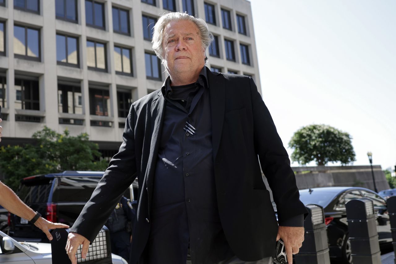 Bannon arrives to a courthouse in Washington, DC, in June 2022. <a href="https://www.cnn.com/politics/live-news/steve-bannon-trial-contempt-congress-07-22-22/index.html" target="_blank">He was found guilty</a> of contempt of Congress charges for defying a subpoena seeking information about his role in efforts <a href="https://www.cnn.com/interactive/2022/07/politics/steve-bannon-us-democracy/" target="_blank">to undermine the 2020 election results.</a>