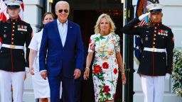 WASHINGTON, DC - JULY 04:  U.S. President Joe Biden and first lady Jill Biden walk out of the White House on July 04, 2022 in Washington, DC. The Bidens were hosting a Fourth of July BBQ and concert with military families and other guests on the south lawn of the White House. 