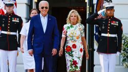 WASHINGTON, DC - JULY 04:  U.S. President Joe Biden and first lady Jill Biden walk out of the White House on July 04, 2022 in Washington, DC. The Bidens were hosting a Fourth of July BBQ and concert with military families and other guests on the south lawn of the White House.