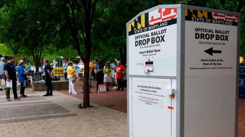 An official ballot drop box stands outside the Silver Spring Civic Building at Veterans Plaza during the first day of early voting in the state on July 07, 2022 in Silver Spring, Maryland.