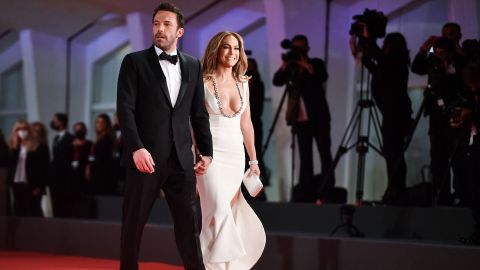 Ben Affleck and Jennifer Lopez arrive for the screening of the film "The Last Duel" on September 10, 2021, during the Venice Film Festival.