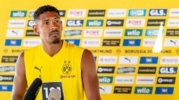 BAD RAGAZ, SWITZERLAND - JULY 17: Sebastien Haller of Borussia Dortmund during a press conference at the Borussia Dortmund Training Camp on July 17, 2022 in Bad Ragaz. (Photo by Alexandre Simoes/Borussia Dortmund/Getty Images)
