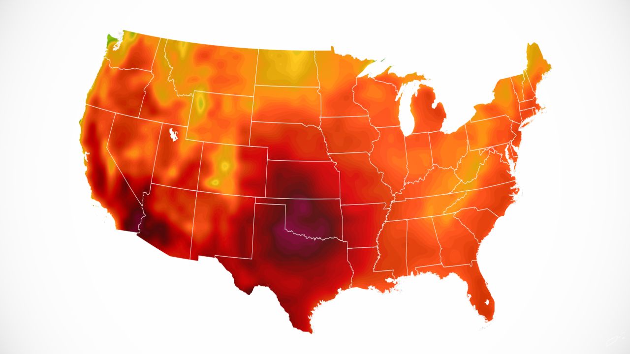 Oranges and red colors show where high temperatures are forecast above 90 degrees Wednesday. 