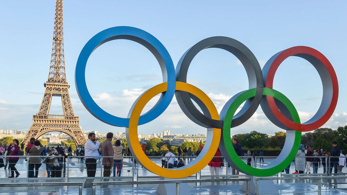 The Olympic rings seen on the Parvis de l'Homme in Trocadero, in front of the Eiffel Tower in Paris.