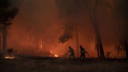 A firefighter from the Brigadas de Refuerzo en Incendios Forestales (BRIF) and a voluntary firefighter tackle a forest fire approaching houses on July 18, 2022 in Avila, Spain. 