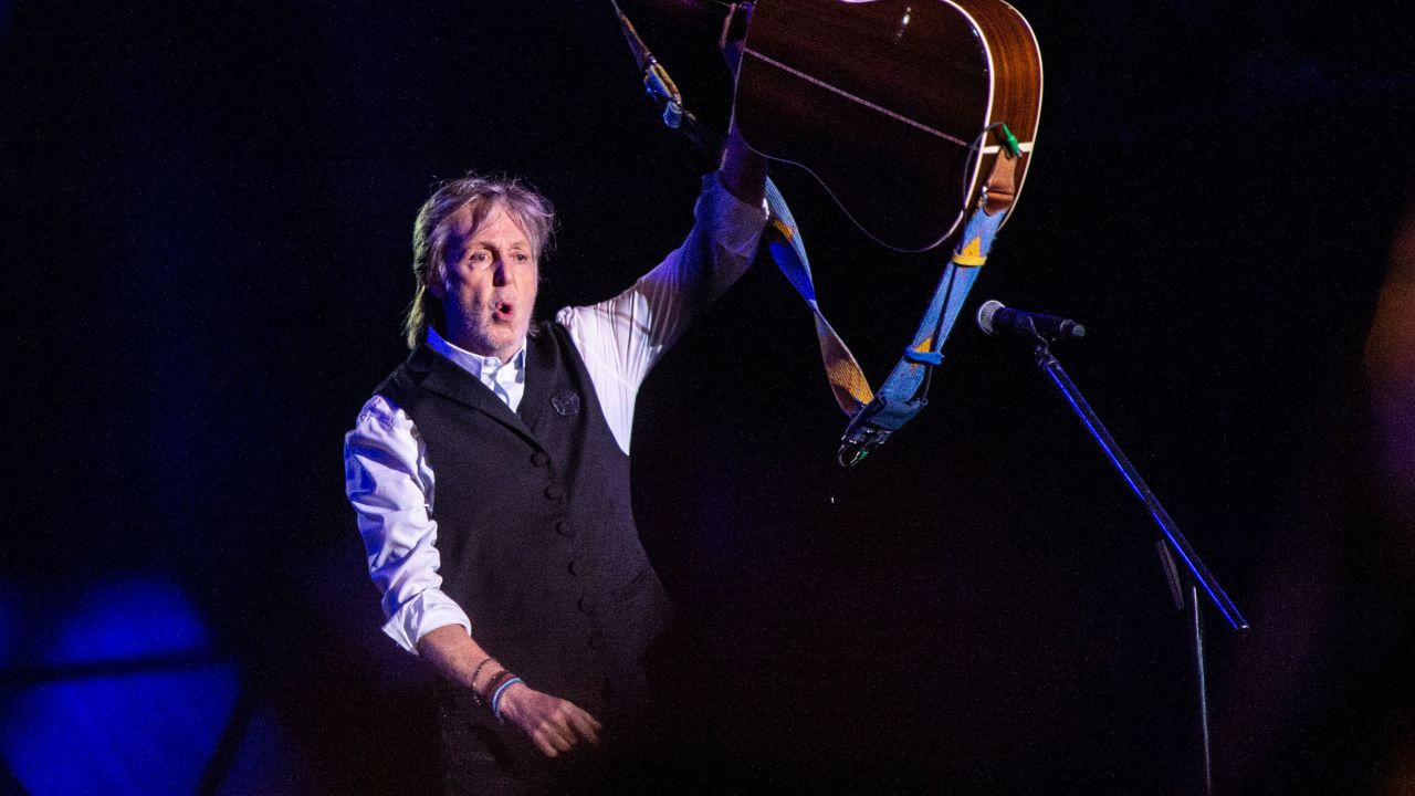 Paul McCartney performing at the Glastonbury Festival in Somerset, England, on June 25, 2022 -- a week after his 80th birthday.