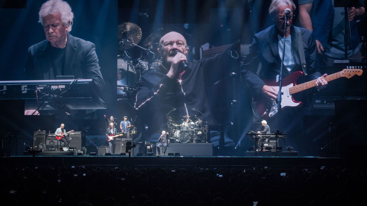Phil Collins sings during a reunion concert by Genesis at U Arena on March 17, 2022, in Nanterre, France. 