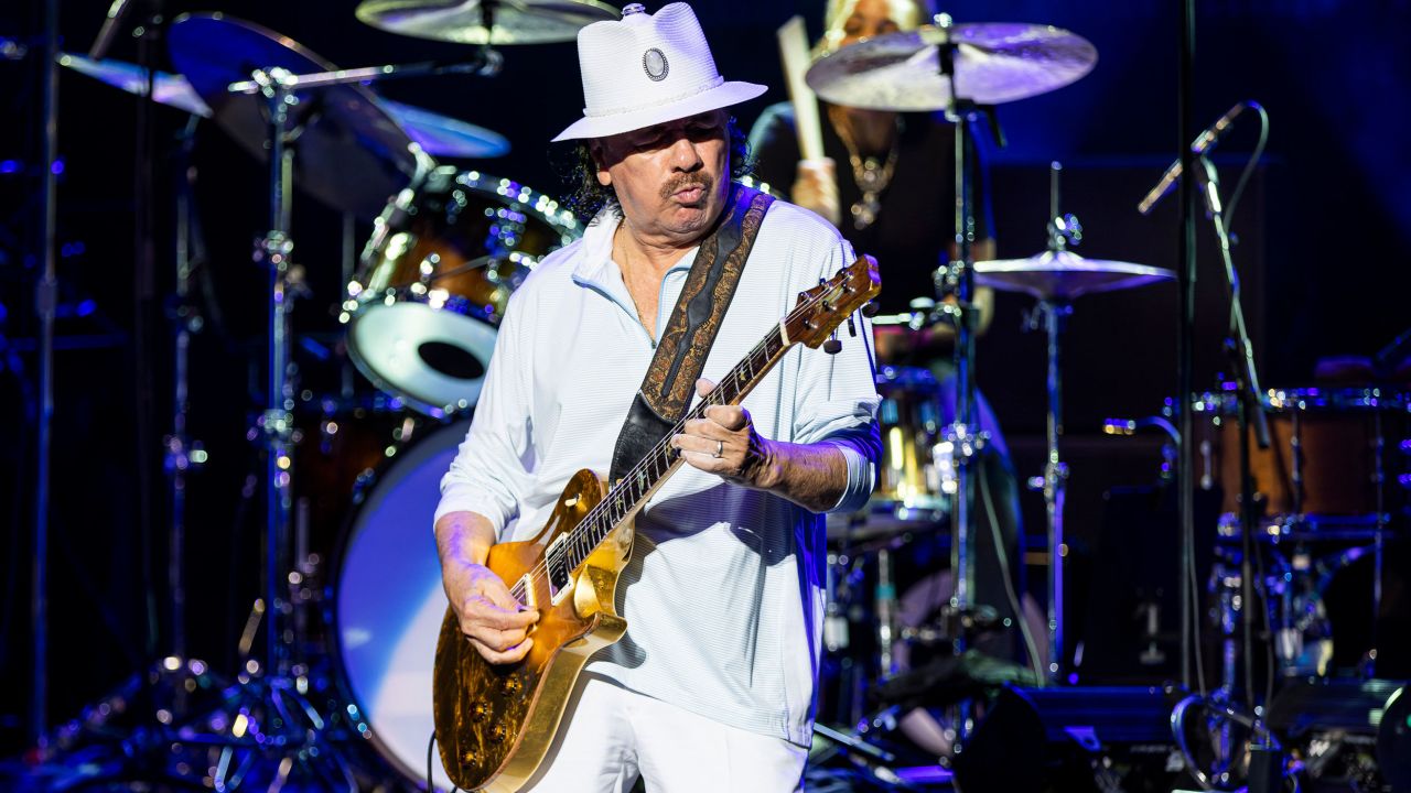 Carlos Santana  performing at Pine Knob Music Theatre on July 5 in Clarkston, Michigan. He collapsed onstage later that night but is recovering.