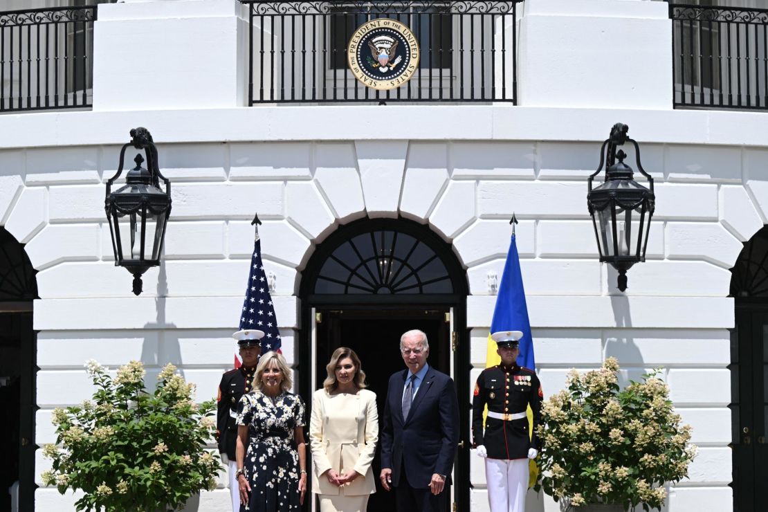 US President Joe Biden and first lady Jill Biden welcome Ukrainian first lady Olena Zelenska to the White House on Tuesday. 