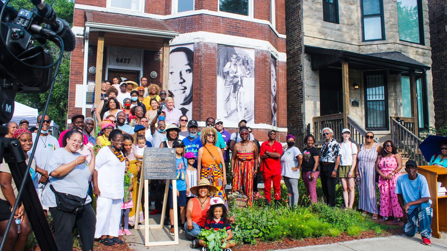 People gather outside Emmett Till's house in Chicago on what would have been his 80th birthday on July 25, 2021.