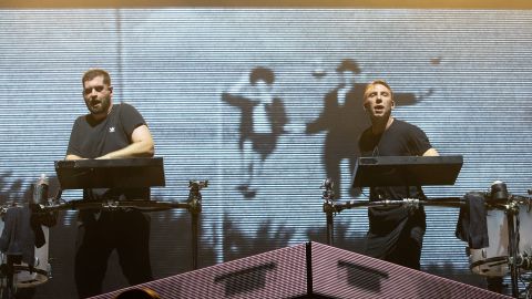 (From left) Harrison Mills and Clayton Knight of the US band Odesza perform during the ACL Music Festival at Zilker Park in Austin, Texas, on October 12, 2018.