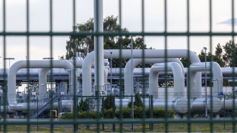 Pipe systems and shut-off devices at the gas receiving station of the Nord Stream 1 Baltic Sea pipeline and the transfer station of the OPAL (Ostsee-Pipeline-Anbindungsleitung) on July 11 2022, in Mecklenburg, Western Pomerania, Lubmin, Germany. 