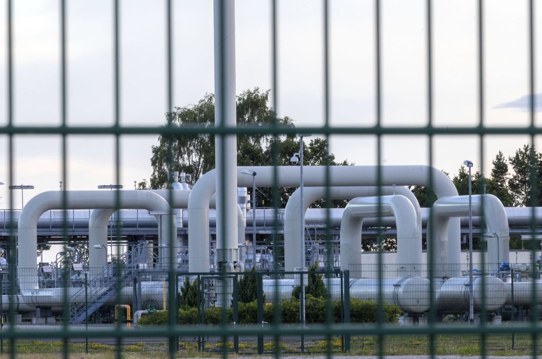 Pipe systems and shut-off devices at the gas receiving station of the Nord Stream 1 Baltic Sea pipeline and the transfer station of the OPAL (Ostsee-Pipeline-Anbindungsleitung) on July 11 2022, in Mecklenburg, Western Pomerania, Lubmin, Germany. 