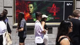 People wait in a line to enter 'The Lab', Stranger Things Netflix series experience venue in Madrid, Spain on June 27th, 2022. The visit in The Lab located at the Telefónica Building is fre for everyone. 