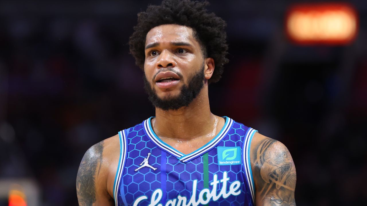 Miles Bridges seen April 5 in during a game FTX Arena in Miami, Florida. The Charlotte Hornets forward was charged with felony domestic abuse and child abuse, police said Tuesday.